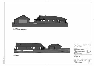 Fasadetegning som viser bygningens utseende sett fra to ulike vinkler (fra Tilkomstvegen og fra Elva).