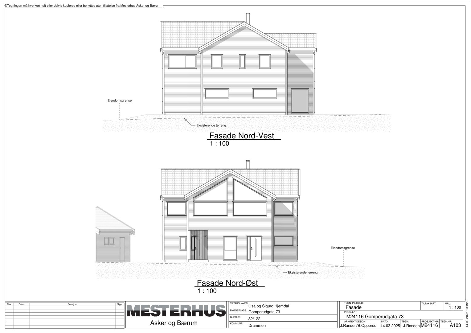 Bildet viser fasadetegninger for en bolig, inkludert 'Fasade Nord-Vest' og 'Fasade Nord-Øst', med målstokk 1:100.