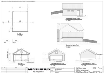 Bildet viser en tegning med fasadeopprikk og snitt for en bolig. Det er merket 'Fasade Nord-Vest', 'Fasade Sør-Øst', 'Fasade Nord-Øst' og 'Fasade Sør-Vest', samt 'Snitt A'.