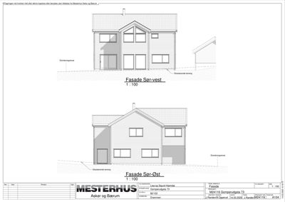 Bildet viser to fasadetegninger av en bolig, merket som 'Fasade Sør-vest' og 'Fasade Sør-Øst'.