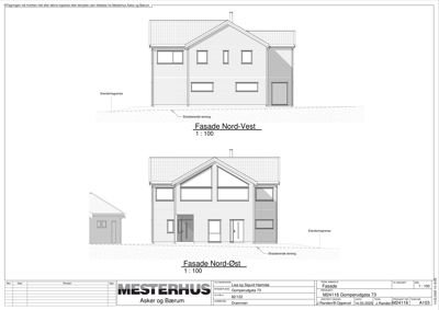 Bildet viser fasadetegninger for en bolig, spesifikt 'Fasade Nord-Vest' og 'Fasade Nord-Øst', med målstørrelse 1:100.
