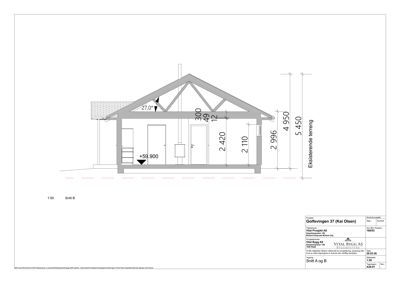 Snittegning (Snitt B) som viser tverrsnittet av en bygning med mål på takhøyde, gulvkonstruksjon og romfordeling.