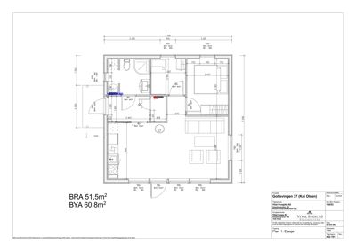 Etasjeplan (Plan 1. Etasje) som viser romfordeling, dimensjoner og plassering av vegg og dører for en bolig.