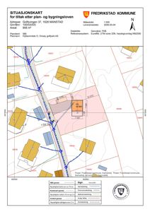 Situasjonskart som viser tomtens plassering i forhold til nabolag, veier og vannveier.