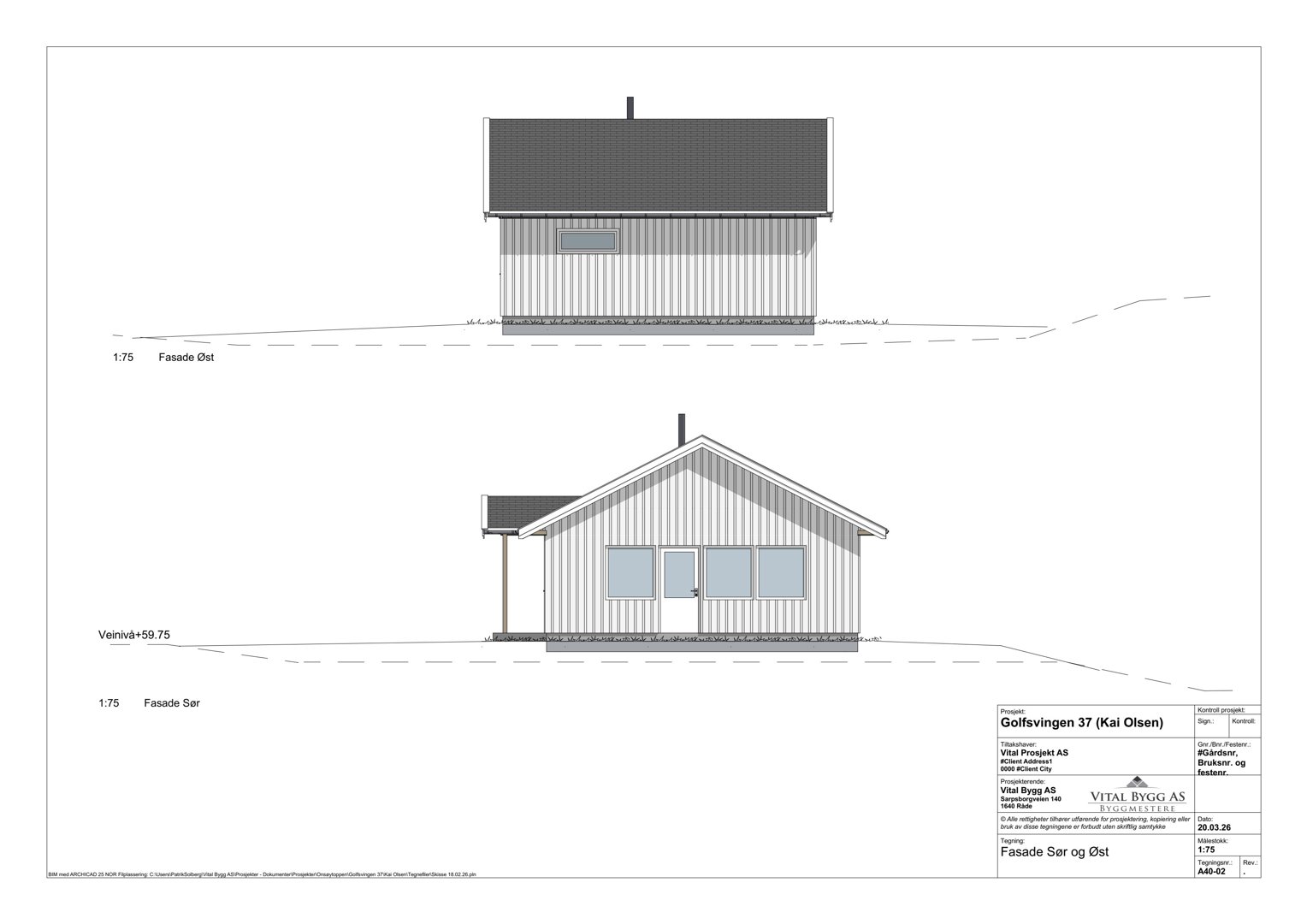 Fasadetegning som viser bygningens utseende sett fra sør og øst.