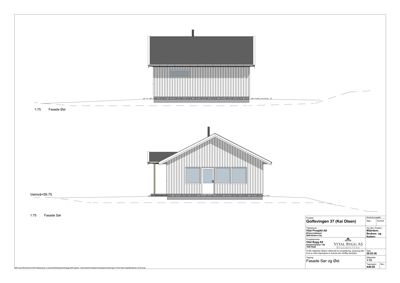 Fasadetegning som viser bygningens utseende sett fra sør og øst.
