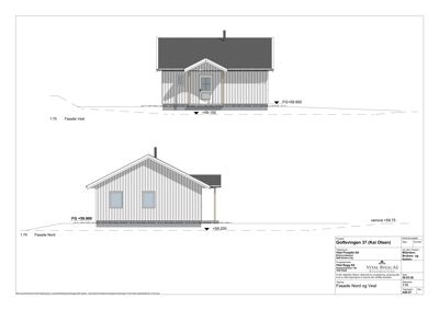 Fasadetegning som viser bygningens utseende sett fra nord og vest, inkludert takform, vinduer, dører og grunnplan.