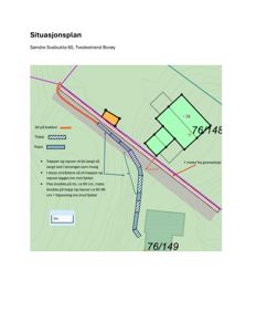 Situasjonsplan for Søndre Svabukta 60 som viser tomtens form, bygningers plassering (grønnfargede områder), terrengforhold (konturlinjer) og planlagt trapp/repo-oppføring langs eiendommen.