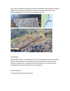 Fotografier av en eksisterende brygge og en trapp opp en klint, inkludert en situasjonsplan (kartutsnitt) som viser bryggens plassering.