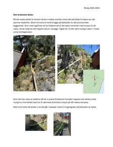 Fotografier av en utendørs trapp som er under bygging på en bratt, steinete bakke. Bildene viser både en oversikt over hele trappen og nærbilder av detaljer som trinn og konstruksjon.