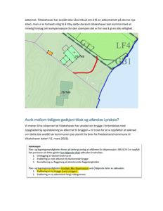 Situasjonsplan som viser tomtens form, grenser (GT2, LF4, GB1), eksisterende bygninger (grønne rektangler) og en planlagt eller aktuell brygge (rød linje).