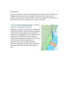 Et kart som viser et forslag til landadkomstvei (blå strek) fra Brennvika/Borøykilen, med omgivende terreng og vannområder.