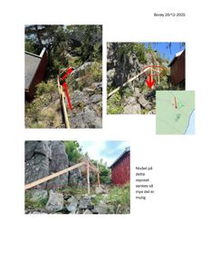 Fotografier av et byggefelt med markeringer (røde piler og linjer) som viser nivåforskjeller og terrengforhold ved en bygning.