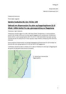 Situasjonsplan som viser eiendommen (grønn) i forhold til sjøen og 100 metersbeltet.