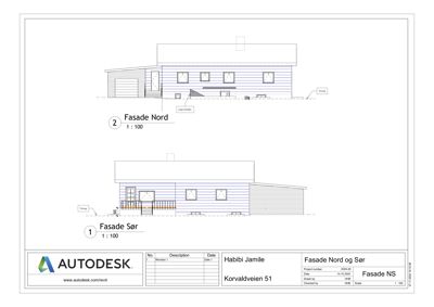 Tegning som viser fasaden sett fra nord og sør for en bygning.