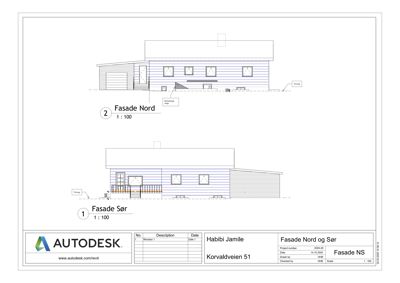Fasadetegning som viser bygningens utseende sett fra Nord og Sør.