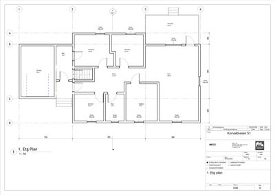 Etasjeplan (1. Etg Plan) som viser romfordeling, stue, soverom, kjøkken og bad med mål.