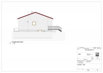 Fasadetegning av en bygning sett fra nord, med mål og detaljer.