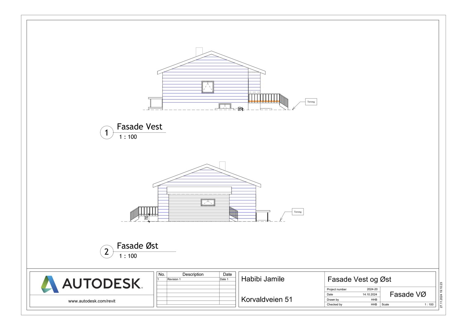 Tegning som viser fasadeoppsett for bygningen sett fra vest og øst.