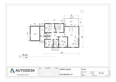 Etasjeplan (PL-01) som viser romfordeling, mål og funksjoner i en bolig.