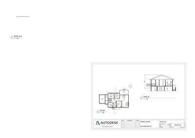 Bildet viser en tegning med et snitt (Snitt A) av en bygning og et tilhørende etasjeplan (PL-01).