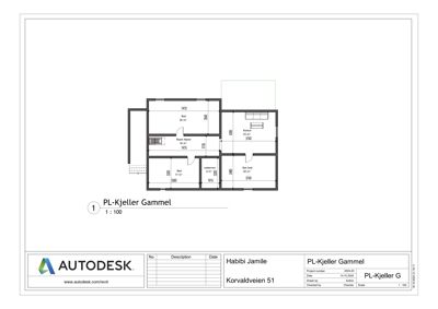 Etasjeplan for kjeller (PL-Kjeller Gammel) som viser romfordeling, mål og areal.