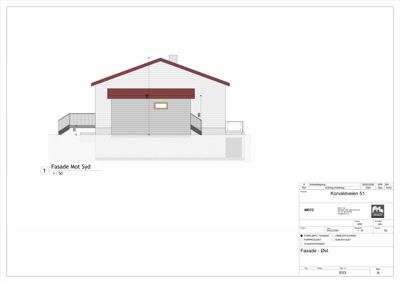 Fasadetegning av en bygning sett fra syd, med mål og detaljer.