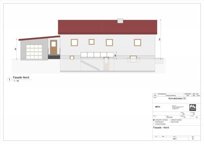 Fasadetegning av bygning sett fra nord med mål og detaljer