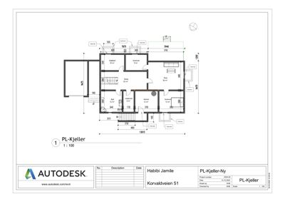 Etasjeplan for kjeller (PL-Kjeller) med romfordeling, mål og stige.