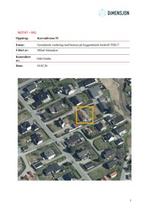 Flyfoto eller kart som viser et nabolag med en spesifikk eiendom markert med en gul boks.