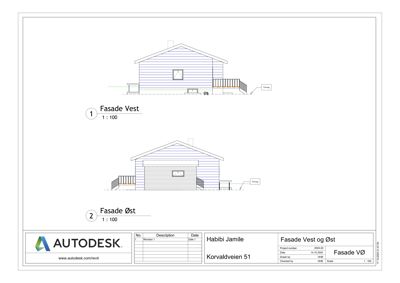 Tegning som viser fasadeoppsett for Vest- og Østfasade av en bygning.