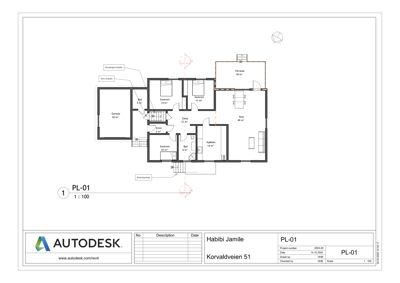 Etasjeplan (PL-01) som viser romfordeling, arealer og funksjoner i et hus.