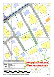 Situasjonskart som viser eiendomsgrenser, naboeiendommer og infrastruktur.