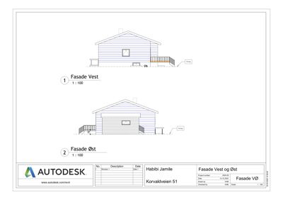 Bildet viser fasadetegninger for en bygning, spesifikt 'Fasade Vest' og 'Fasade Øst', med målstokk 1:100.