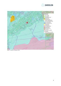 Kart som viser løsmasseforhold (geologi) i et område, med en legenda og et rødt punkt som markerer en spesifikk lokasjon.