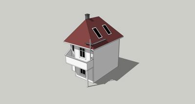 3D-visualisering av en toetasjes bolig med rød takflate, hvite fasader, balkong og takvinduer.