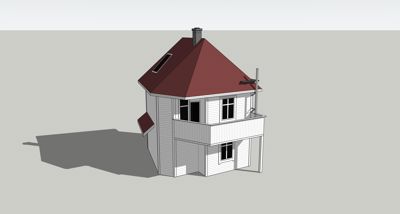 3D-visualisering av en toetasjes bolig med rød tak, balkong og solcellepanel.