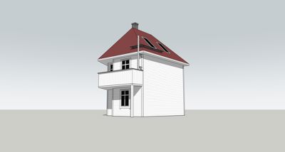 3D-visualisering av en toetasjes bolig med hvite fasader, rødt tak og balkong.