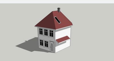 3D-visualisering av en toetasjes bolig sett fra en vinkel som viser fasade og tak.