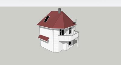 3D-visualisering av en toetasjes bolig med rød takflate, hvite fasader og et balkongområde.