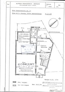 Plantegning av 1. etasje for eiendommen Øvre Dynnersmauet nr. 7 i Bergen, med romfordeling, nye vegger og for-rom.
