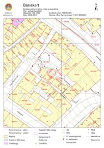 Et basiskart (tomteplan) fra Bergen kommune som viser eiendomsgrenser, bygninger og infrastruktur i området.