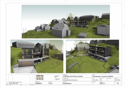 3D-visualisering (rendering) av et hus i en kupert topografi, vist fra tre ulike vinkler.