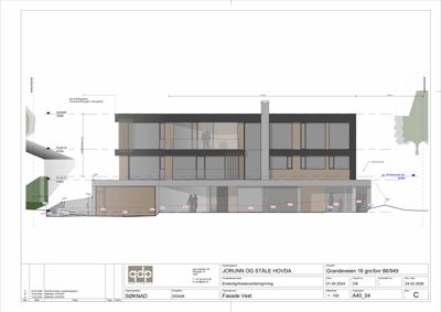 Fasadetegning (opprikk) av bygningen sett fra vest, med detaljer om høyder og materialer.