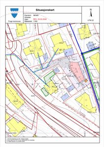 Situasjonskart som viser eiendomsnummer, nabolag, topografi og planlagt byggefelt.