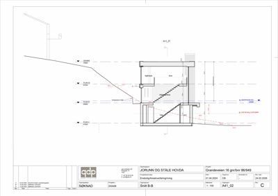 Snittegning (Snitt B-B) som viser bygningens tverrsnitt, trappeløp og nivåer.
