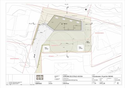 Situasjonsplan som viser tomtens grenser, eksisterende bygninger (bolig, uthus), planlagt bebyggelse, og arealer for utbygging (MUA).