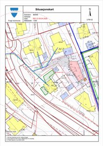 Situasjonskart som viser eiendomsnummer, adresse, dato, målestokk og nabolag med bygninger.
