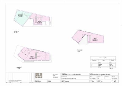 Etasjeplaner (PLAN 01, PLAN U, PLAN 02) som viser romfordeling og areal for BRA og garasje.