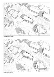 Bildet viser to situasjonsplaner (soldiagram) som illustrerer bygningenes plassering i forhold til terrenget (konturlinjer) og nabolaget. De to planene viser samme område, men fra to ulike tidspunkt (21. mars og 23. september), sannsynligvis for å vise endringer i skyggefallet eller solposisjonen.